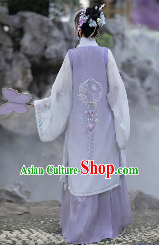 China Ming Dynasty Princess Lilac Dresses Ancient Young Woman Garment Costumes Hanfu Embroidered Clothing