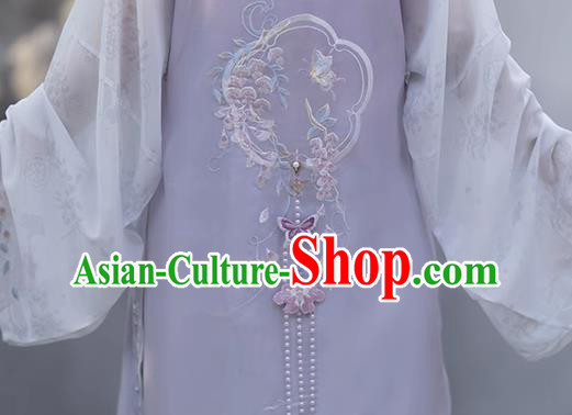 China Ming Dynasty Princess Lilac Dresses Ancient Young Woman Garment Costumes Hanfu Embroidered Clothing