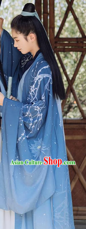 China Jin Dynasty Young Hero Clothing Ancient Swordsman Garment Costumes Blue Hanfu