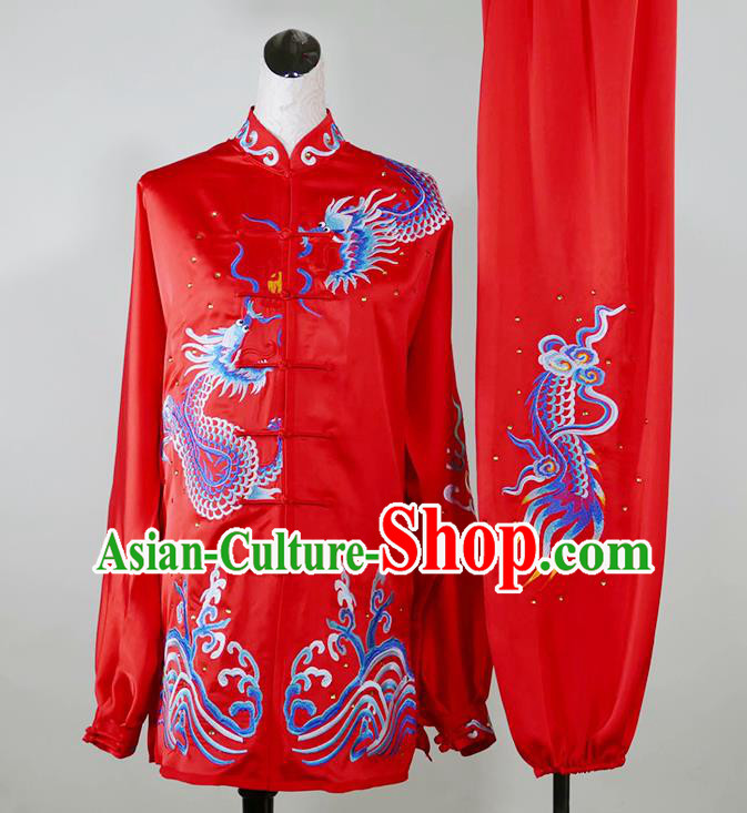 China Taiji Tournament Embroidered Dragon Clothing Tai Chi Competition Red Uniform Martial Arts Performance Costume