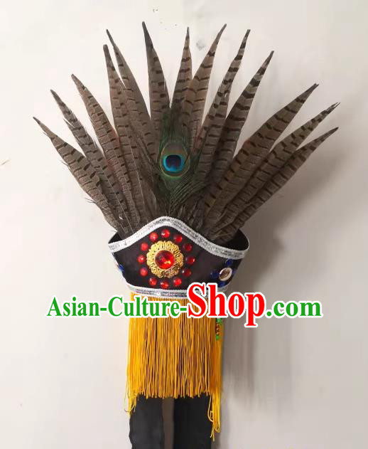 China Sacrifice Dance Headwear Drama God Hat Handmade Nuo Opera Feather Headpiece