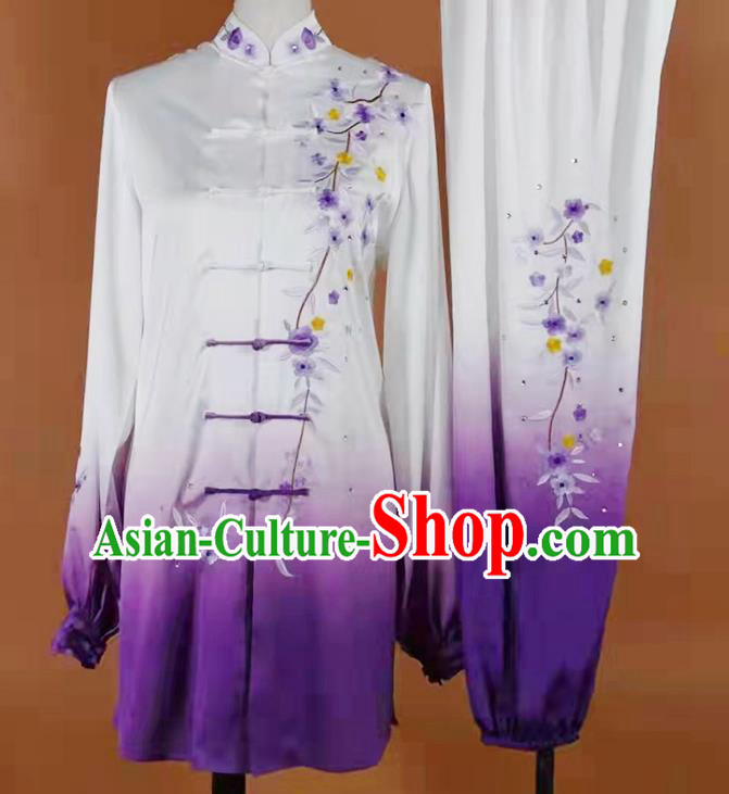 China Tai Chi Competition Clothing Kung Fu Training Gradient Purple Uniform Martial Arts Taiji Performance Costume