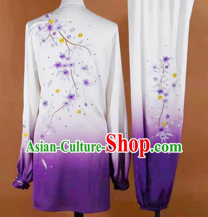China Tai Chi Competition Clothing Kung Fu Training Gradient Purple Uniform Martial Arts Taiji Performance Costume