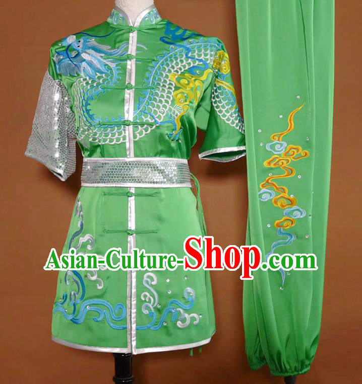 China Wushu Embroidered Dragon Clothing Kung Fu Competition Green Uniform Martial Arts Performance Costume