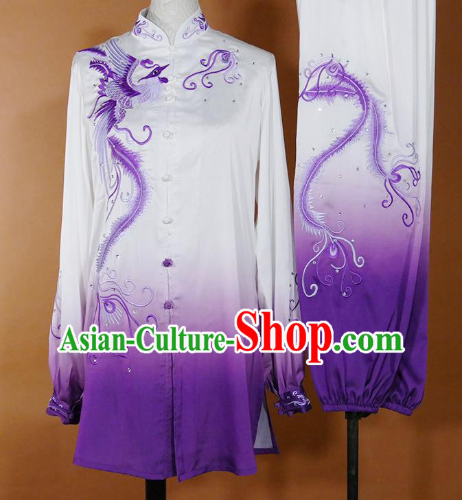 China Kung Fu Tournament Purple Uniform Martial Arts Costume Tai Chi Performance Outfit Taijiquan Training Embroidered Phoenix Clothing