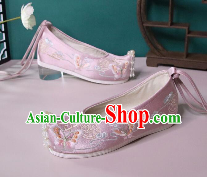 Chinese Hanfu Shoes Pink Satin Embroidered Shoes Ancient Princess Shoes