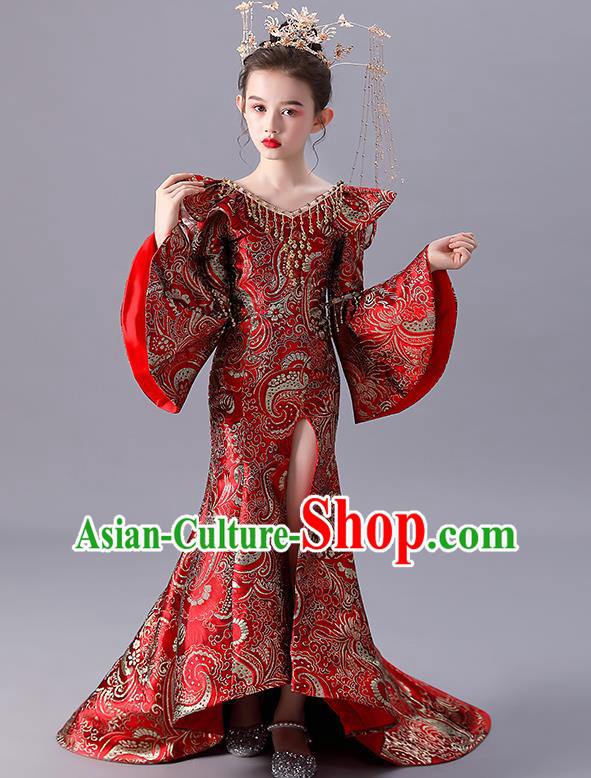 Top Children Day Performance Clothing China Style Stage Show Costume Girl Catwalks Red Dress Model Contest Fashion