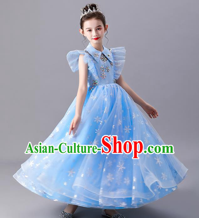 Top Model Contest Fashion Children Day Stage Show Clothing Girl Catwalks Costume Princess Birthday Blue Full Dress