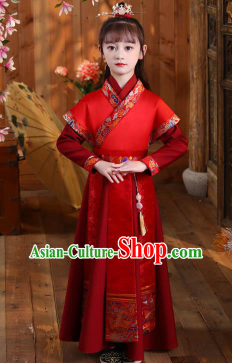 Kid Swordsman Red Outfit Children Day Hanfu Clothing Girl Stage Performance Costume Chinese Folk Dance Fashion