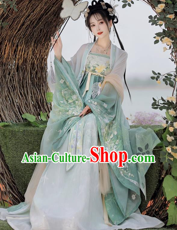China Tang Dynasty Princess Clothing Traditional Embroidered Green Hanfu Dress Ancient Fairy Costumes