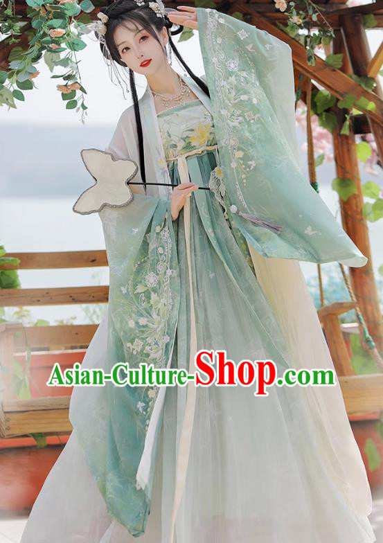 China Tang Dynasty Princess Clothing Traditional Embroidered Green Hanfu Dress Ancient Fairy Costumes
