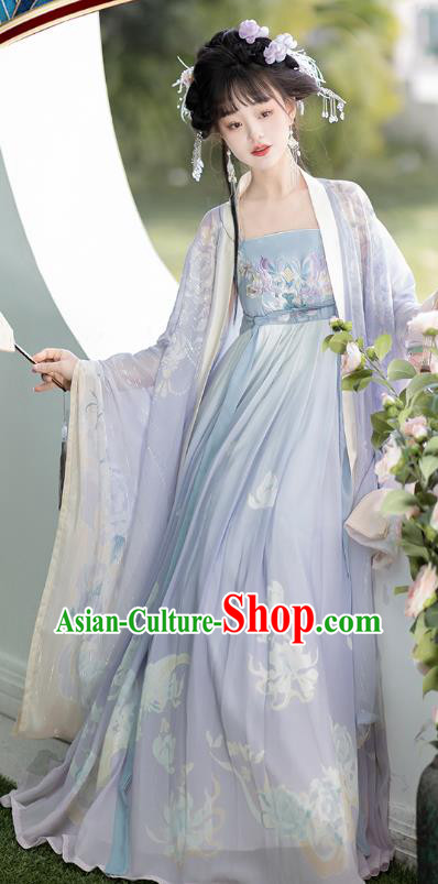Ancient Chinese Palace Woman Costumes Tang Dynasty Princess Clothing Traditional Blue Hanfu Dress