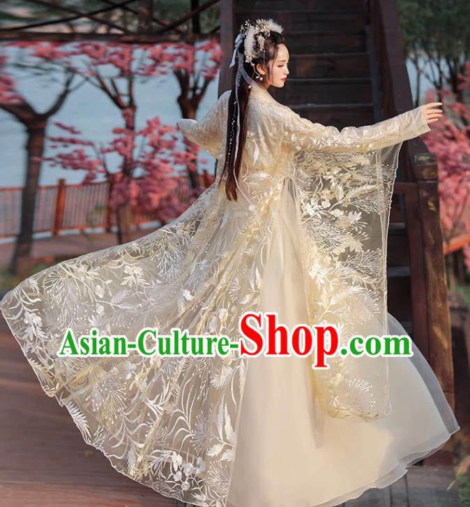 Chinese Ming Dynasty Princess Clothing Traditional Champagne Hanfu Dress Ancient Goddess Costumes