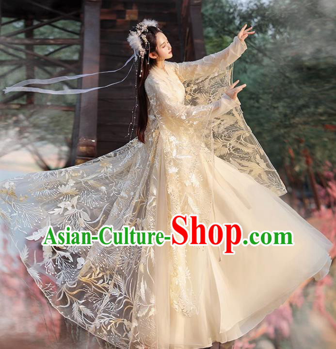 Chinese Ming Dynasty Princess Clothing Traditional Champagne Hanfu Dress Ancient Goddess Costumes