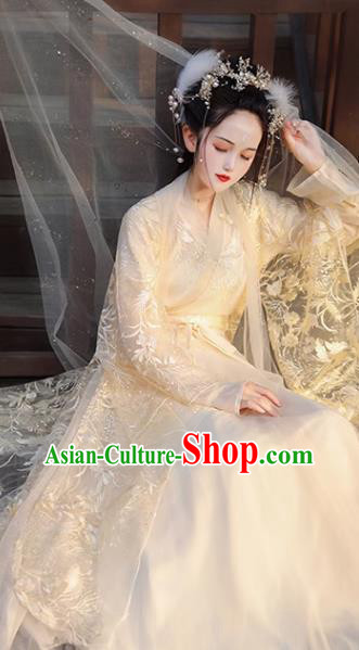 Chinese Ming Dynasty Princess Clothing Traditional Champagne Hanfu Dress Ancient Goddess Costumes