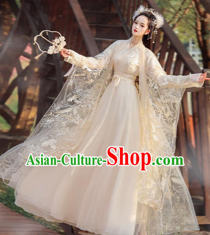 Chinese Ming Dynasty Princess Clothing Traditional Champagne Hanfu Dress Ancient Goddess Costumes