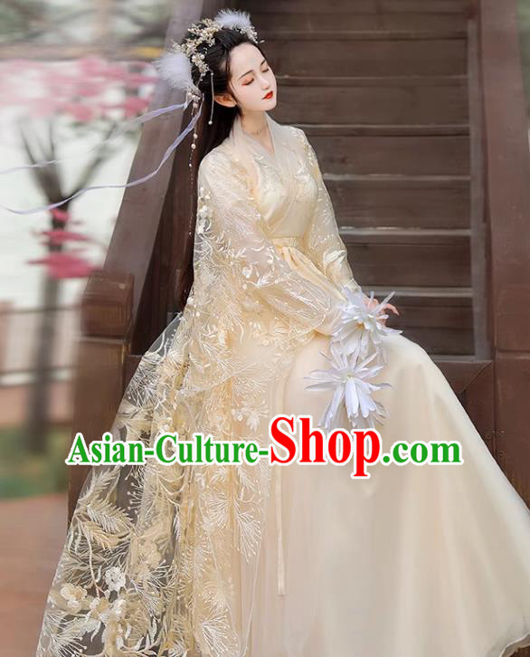 Chinese Ming Dynasty Princess Clothing Traditional Champagne Hanfu Dress Ancient Goddess Costumes