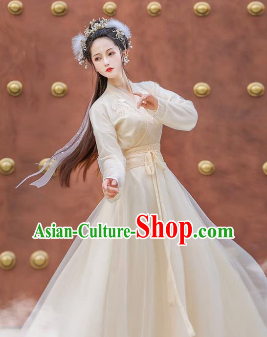 Chinese Ming Dynasty Princess Clothing Traditional Champagne Hanfu Dress Ancient Goddess Costumes