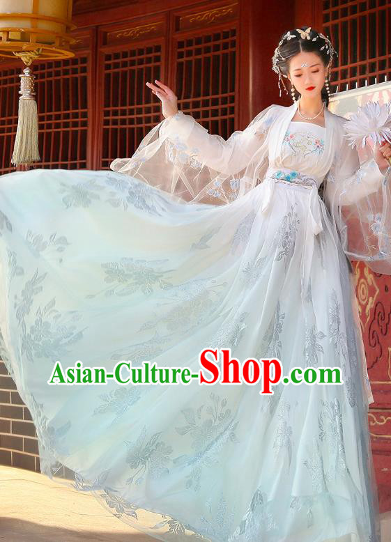 Chinese Ancient Fairy Costumes Song Dynasty Princess Clothing Traditional Embroidered Blue Hanfu Dresses
