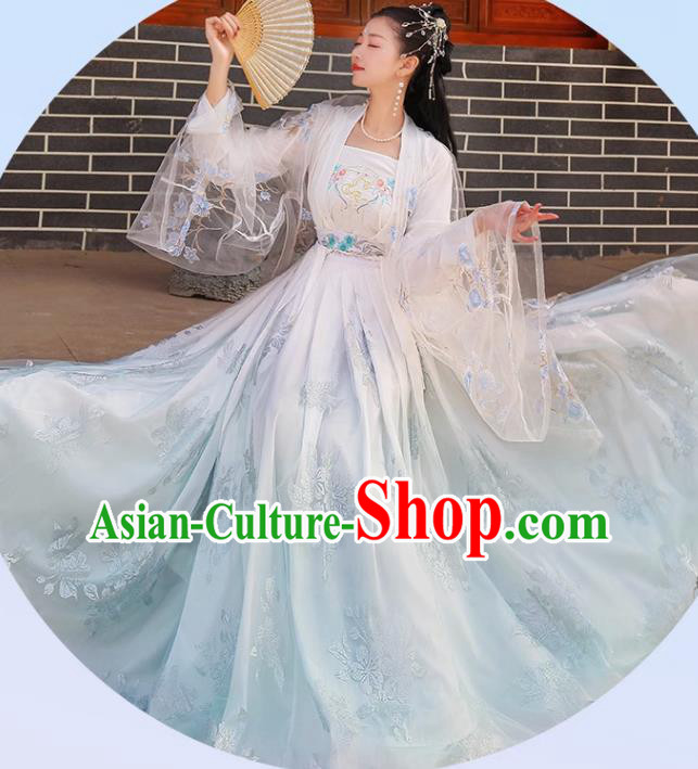 Chinese Ancient Fairy Costumes Song Dynasty Princess Clothing Traditional Embroidered Blue Hanfu Dresses