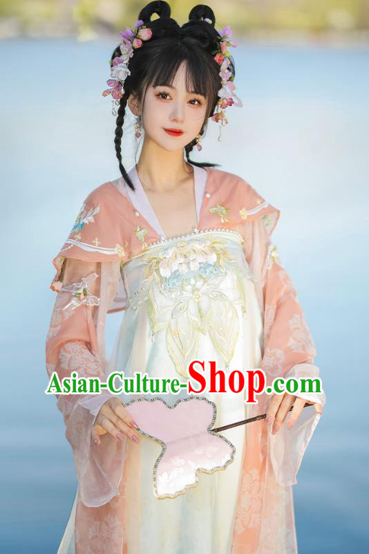 China Tang Dynasty Woman Clothing Traditional Hanfu Costumes Ancient Young Lady Pink Dresses