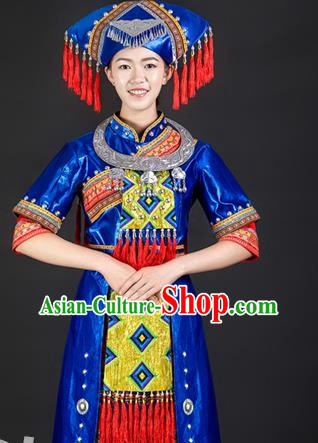 Zhuang Nationality Stage Costumes Ethnic Minority Costumes March 3 Long Skirt Blue Women Dress