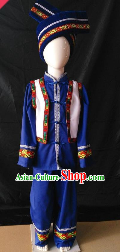 Children Ethnic Minority Performance Costumes Stage Costumes Blue Clothes Zhuang Costumes Long Sleeved Trousers Suit