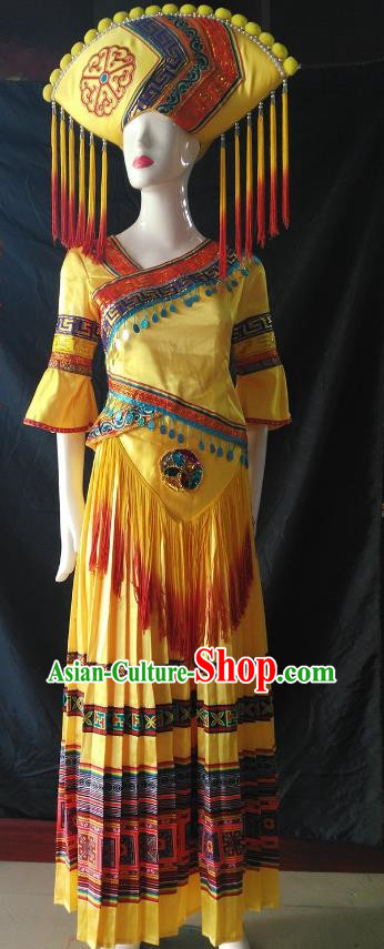 Zhuang Yellow Pleated Long Skirt Stage Singing Performance Costume