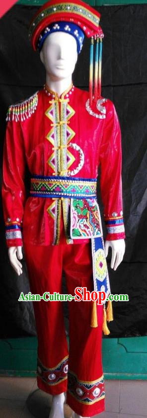Ethnic Minority Men Zhuang Groom Dress Stage Costume March Three Folk Song Red Suit