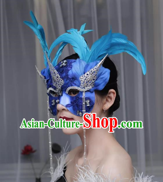 European And American Exaggerated Venice Blue Flower Mask Feather Masked Singer Halloween Carnival Masquerade Party