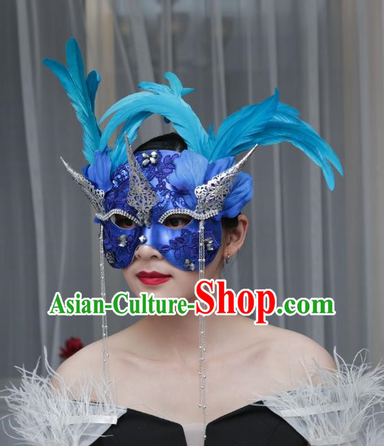 European And American Exaggerated Venice Blue Flower Mask Feather Masked Singer Halloween Carnival Masquerade Party