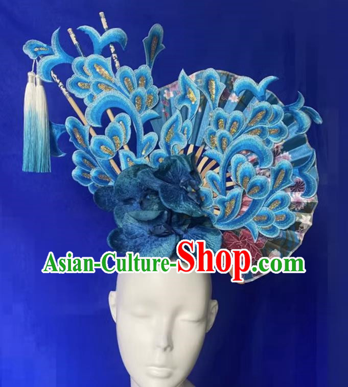 Chinese Style Blue And White Fan Shaped Porcelain Ancient Style Catwalk Model Competition Photography Exaggerated Headdress Hair Accessories