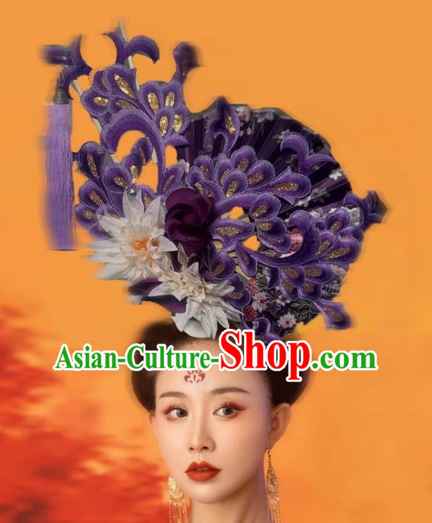 Chinese Style Blue And White Fan Shaped Porcelain Ancient Style Catwalk Model Competition Photography Exaggerated Headdress Hair Accessories