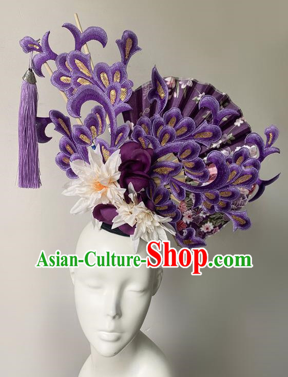 Chinese Style Blue And White Fan Shaped Porcelain Ancient Style Catwalk Model Competition Photography Exaggerated Headdress Hair Accessories