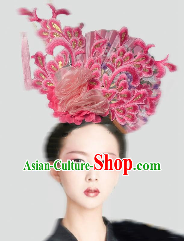Chinese Style Blue And White Fan Shaped Porcelain Ancient Style Catwalk Model Competition Photography Exaggerated Headdress Hair Accessories