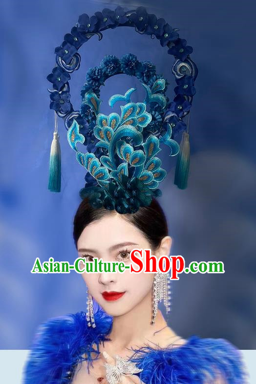Chinese Style Blue And White Porcelain Blue National Tide Ancient Style Catwalk Model Competition Exaggerated Headdress Hair Accessories