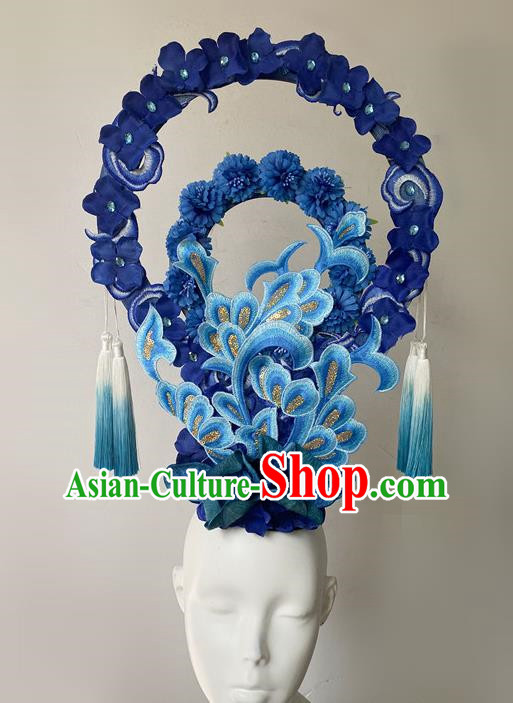 Chinese Style Blue And White Porcelain Blue National Tide Ancient Style Catwalk Model Competition Exaggerated Headdress Hair Accessories