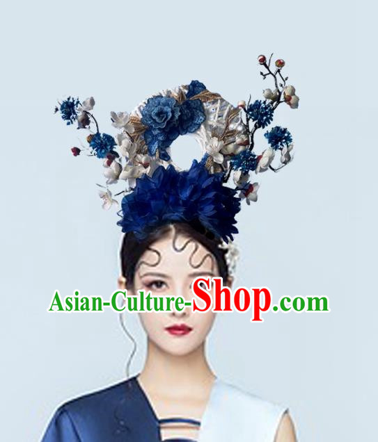 Chinese Style Blue And White Porcelain Blue National Tide Ancient Style Catwalk Model Competition Exaggerated Headdress Hair Accessories