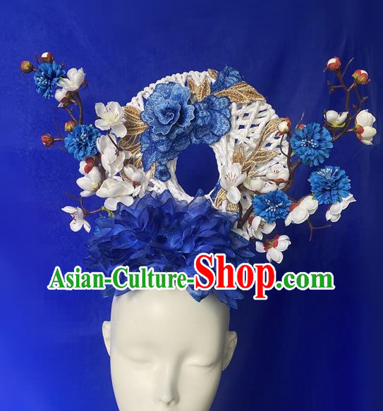 Chinese Style Blue And White Porcelain Blue National Tide Ancient Style Catwalk Model Competition Exaggerated Headdress Hair Accessories
