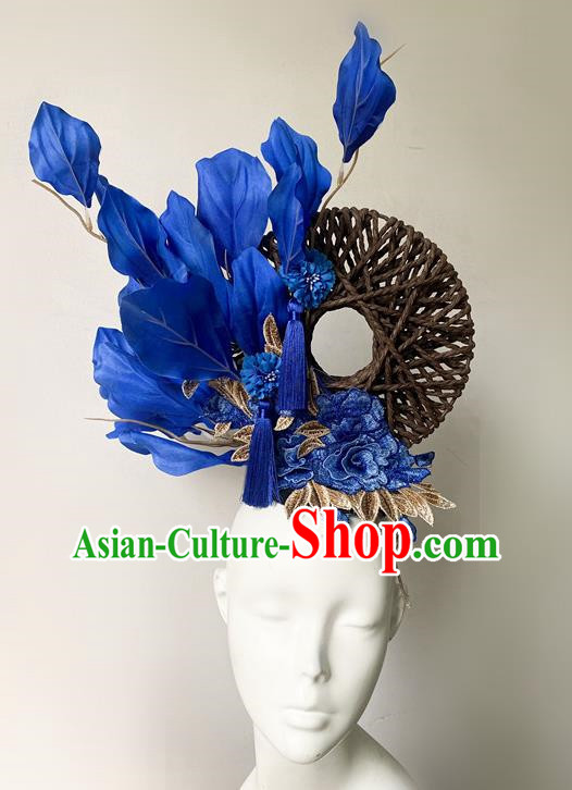 Chinese Style Blue And White Porcelain Blue National Tide Ancient Style Catwalk Model Competition Exaggerated Headdress Hair Accessories