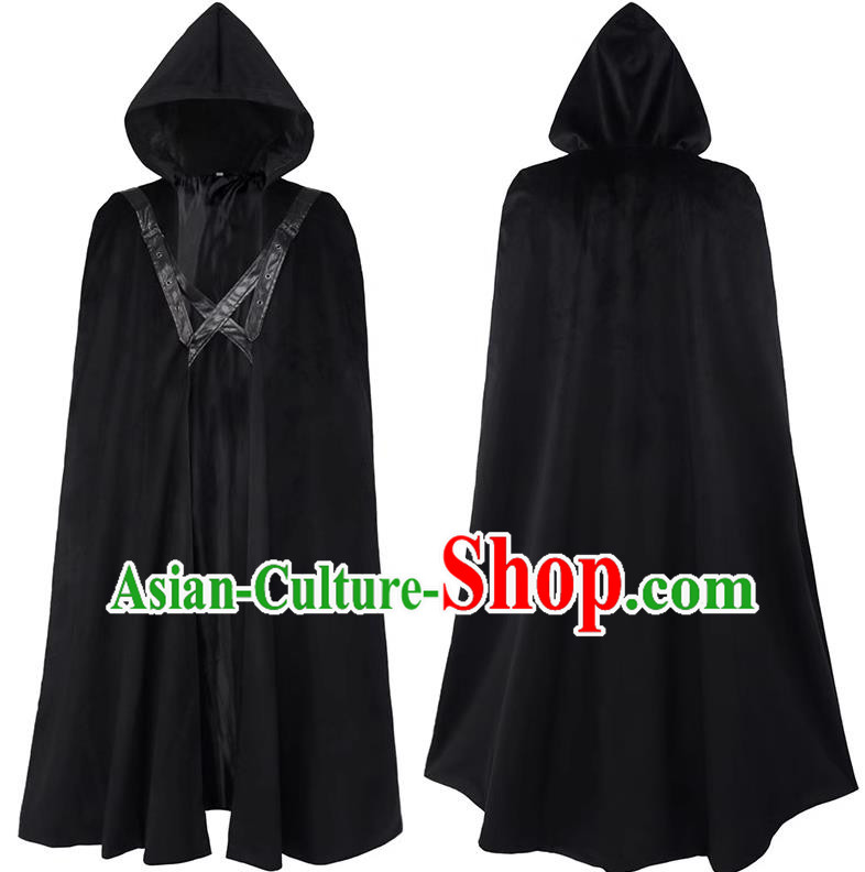 Halloween Black Arakko Costume Hooded Mysterious Witch Mage Cloak Suede Strap Chemistry Doctor Costume