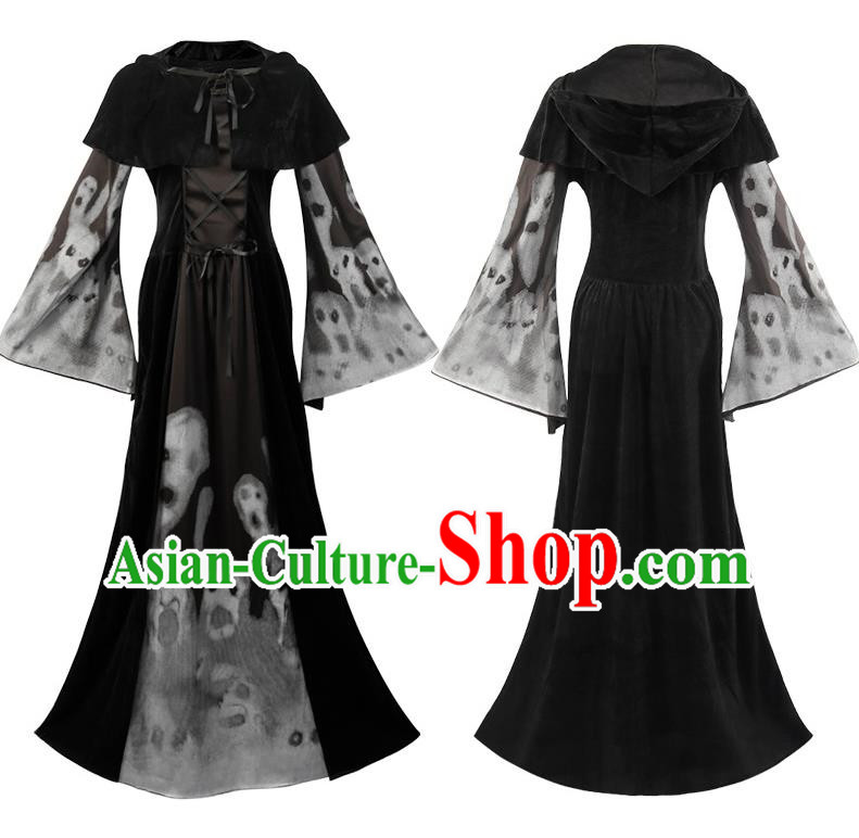 Halloween Black Ghost Robe Cosplay Skeleton Queen Retro Costume Hooded Adult Ghost Pattern Clothes