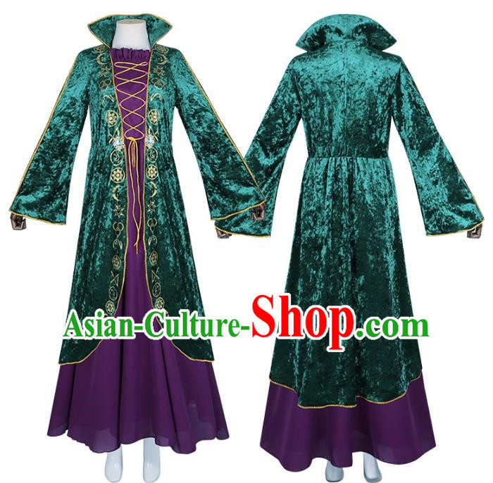 Green Retro Velvet Dress Cosplay Witch Costume Big Swing Sleeves