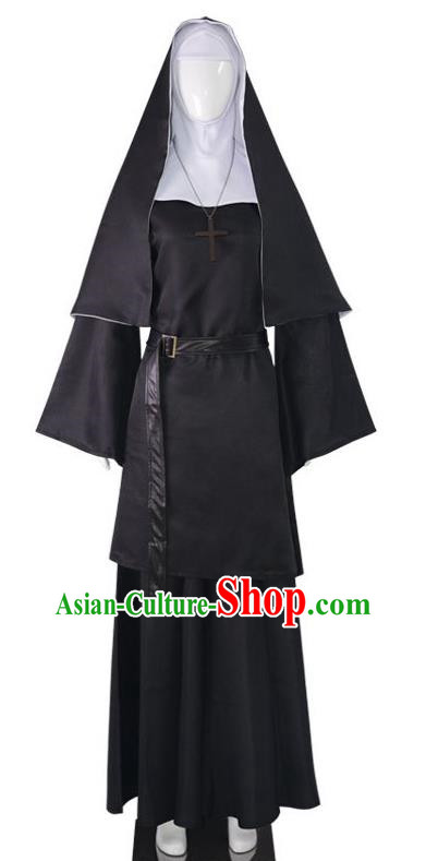 Retro Black Nun Robe Large Size With Shawl Headgear Monastery Uniform Cosplay Nun Costume