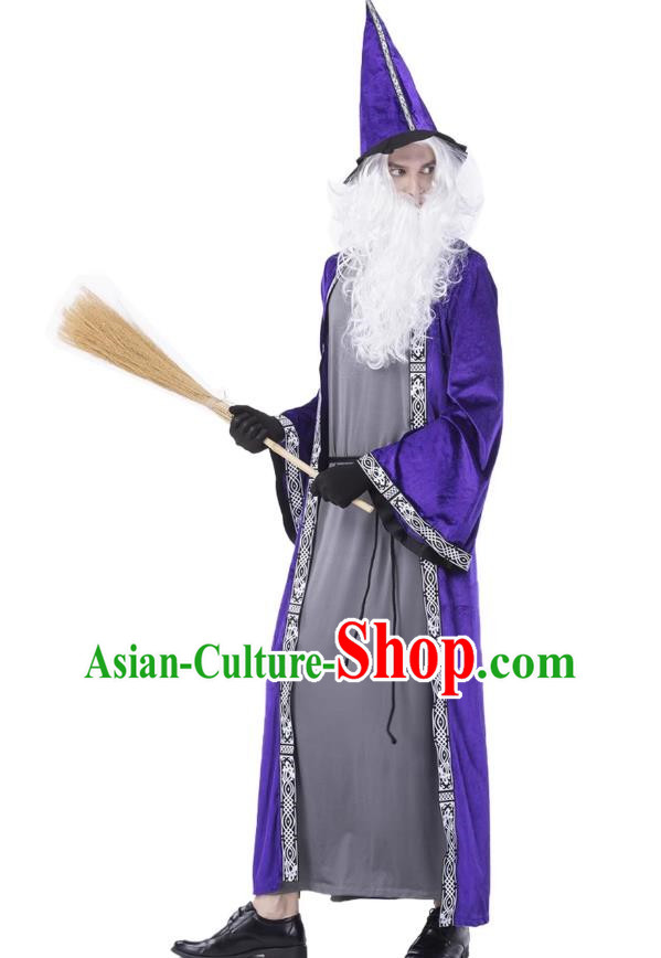 Halloween Blue Magician Costume Cosplay High Pointed Hat Elf Wizard Adult Long Section Warlock Costume Large Size