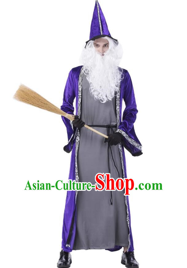 Halloween Blue Magician Costume Cosplay High Pointed Hat Elf Wizard Adult Long Section Warlock Costume Large Size