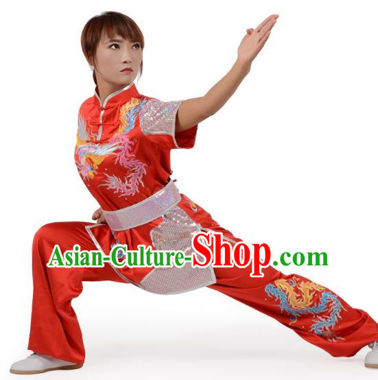 Red Martial Arts Clothing Embroidered Phoenix Performance Clothing Competition Clothing Long Boxing Clothing Practice Clothing For Women, Boys And Children