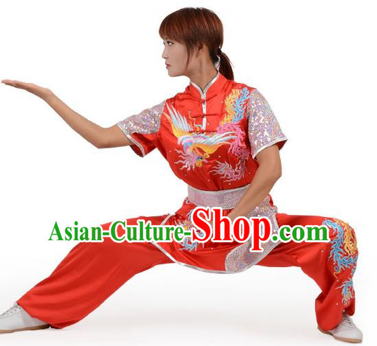 Red Martial Arts Clothing Embroidered Phoenix Performance Clothing Competition Clothing Long Boxing Clothing Practice Clothing For Women, Boys And Children