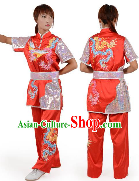 Red Martial Arts Clothing Embroidered Phoenix Performance Clothing Competition Clothing Long Boxing Clothing Practice Clothing For Women, Boys And Children