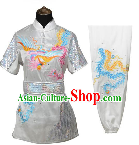 White Martial Arts Clothing Embroidered Phoenix Performance Clothing Competition Clothing Long Boxing Clothing Practice Clothing For Women, Boys And Children